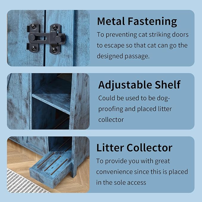 Cat Litter Box Cabinet with Litter Collector and a Dog-Proof Adjustable Shelf,Litter Box Enclosure Compatible with Cat Robot 3 & 4, and Integrated Power Outlet (Blue)