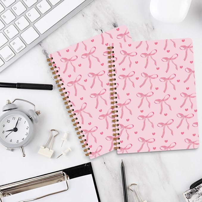 2 Packs Pink Bow Spiral Notebook College Ruled Trendy Notebook Journal Preppy Coquette Stuff Gifts for Women Teen Girls Journals for Writing Journaling Notebooks Office Classroom Supplies