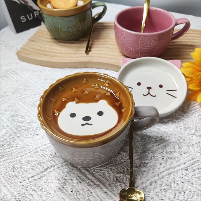 Ceramic Cute Cat Mug With Lid - Funny Novelty Cup for Cat Lovers - Tea and Dessert Mug for Girls, Boys, Women - Christmas Birthday Gift