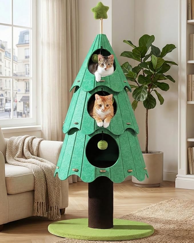 MUTTROS 53 Inch Christmas Cat Tree for Indoor Cats, Cat Tower with 3 Condos & 4 Pompoms, Multi-Cat Furniture with Holiday Felt Stickers, Activity Center & Beds, Green