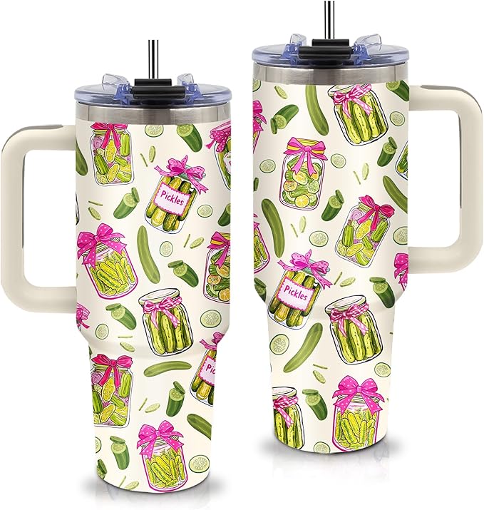 Pickle Gifts - Funny Pickle Themed Tumbler 40oz with Handle and Straws, Leak-proof, Stainless Steel Insulated Travel Coffee Mugs for Pickles Lovers, Pickled Food Enthusiasts Gifts Birthday Cup