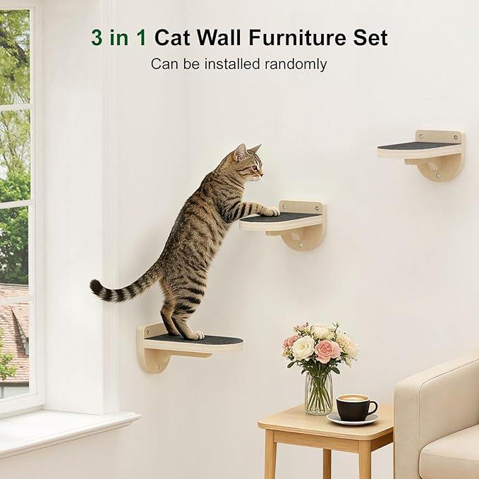 TIMHAKA 3 Pcs Cat Wall Shelves, Wooden Kitten Wall Climber for Indoor Cats, Cat Wall Furniture with Non-Slip Carpet for Climbing, Jumping & Playing