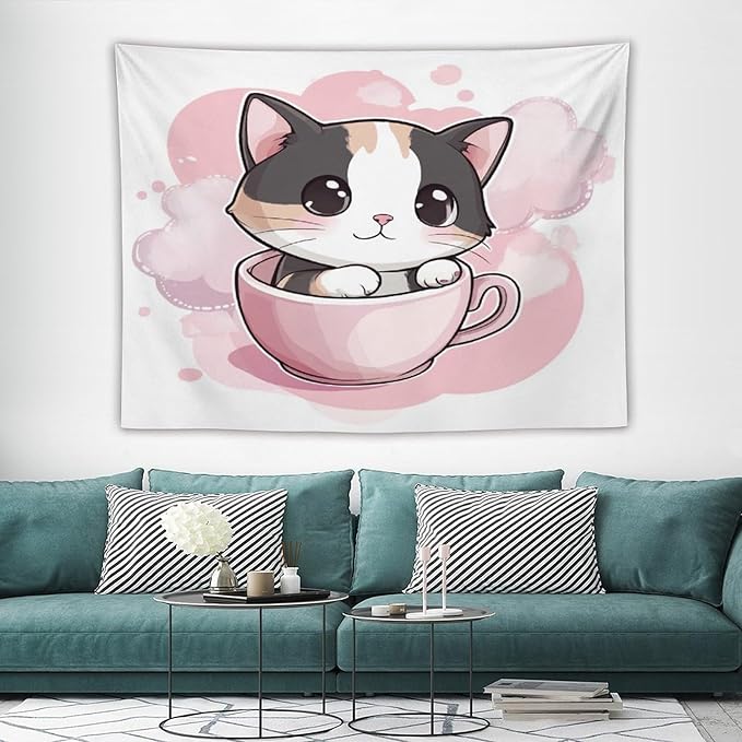Tapestry's Wall Hanging Kawaii Cat Tapestry Pink Smile Kitten Cat Face Meow Bedroom Tapestries for Bedroom Aesthetic Home Decor 60"x80" Wall Hanging for Home Decor Bedroom Living Room Dorm Decor