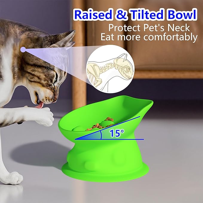 Slow Feed Cat Bowl, Elevated Cat Food Dish with Tilted Design, Dual-Use for Dry and Wet Food, Anti-Vomit, Anti-Choking, Easy to Clean