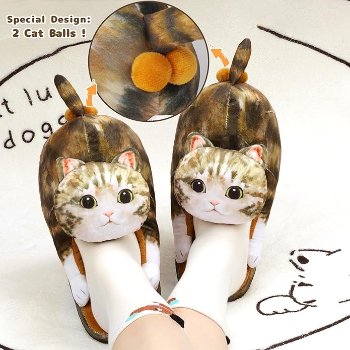 Funny Cat Slippers for Women,Fuzzy Animal Indoor House Shoes with Soft Memory Foam,Comfy Plush Warm Slip-on Slippers,Cat Gifts for Cat Lover