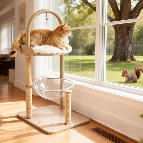 34" Modern Cat Tree Furniture, Minimalist Metal Frame Cat Tower with Wood Platforms, Washable Cushion & Scratching Post, Stylish Cat Condo for Indoor Cats, Cream Beige