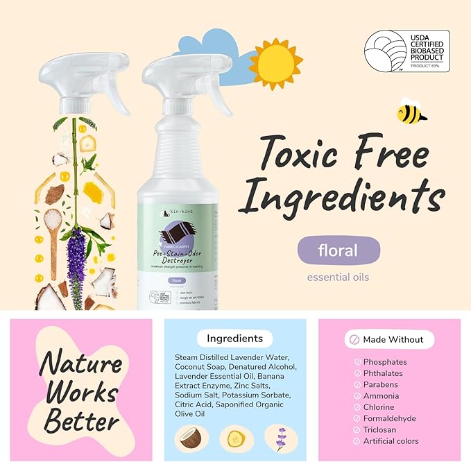 kin+kind Pee+Stain+Odor Destroyer - Fabric+Carpet - Maximum Strength - Stops Re-Marking - USDA Certified Biobased - Floral - 32 fl oz