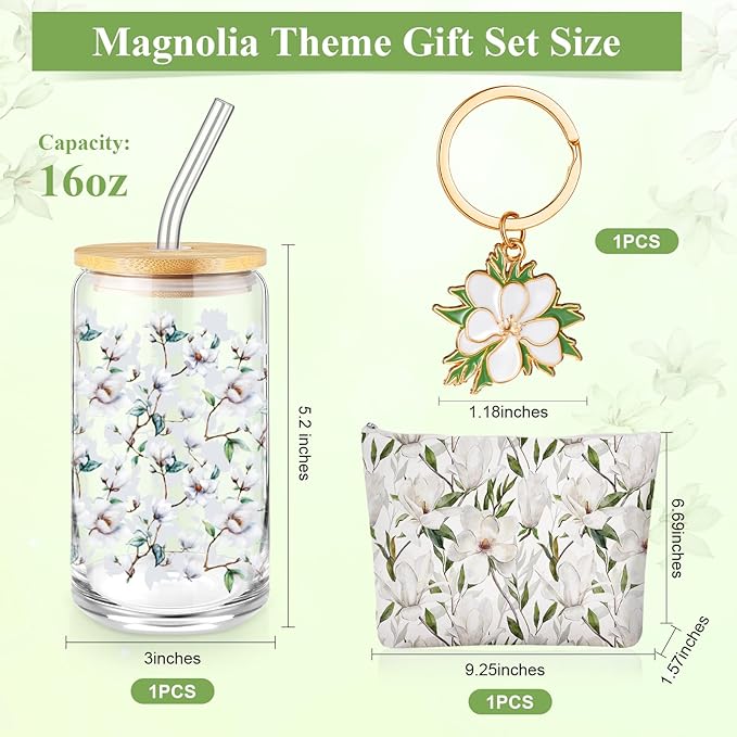 Hushee 3 Pcs Magnolia Theme Gifts For Mother Day Magnolia Makeup Bag and Glass Cup with Lid Straw Keychain Employee Appreciation Gifts for Friend Mom Coworker Staff