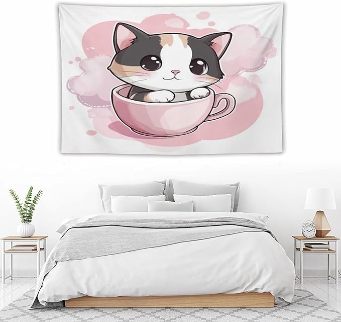 MaSiledy Kawaii Cat Tapestry's Wall Hanging Pink Smile Kitten Cat Face Meow Tapestry Aesthetic Landscape Tapestry Home Decoration for Bedroom Living Room Dorm 60"x90" Gift for Christmas