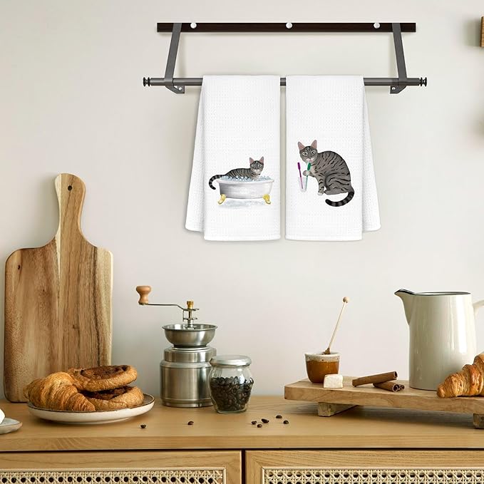 Jvpke Funny Gray Black Cat Decorative Towel Hand for Bathroom Kitchen Set of 2, Cat Gifts for Women Men, 16x24 in