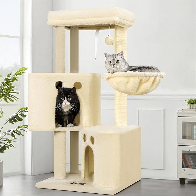 Small Cat Tree Tower for Indoor Cats, 40 in Medium Compact Adults Cat Beds Trees with 2 Condos, Sisal Scratching Post, Large Perch Platform, Multi-Level Kitty Kitten Climbing Stands House(Beige)