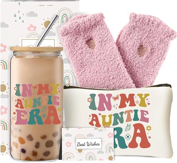 Unique Gifts from Niece Nephew, Aunt Gifts for Women, Birthday Mother’s Day Thank You Presents Set with Glass Cup Makeup Bag for Auntie New Aunt