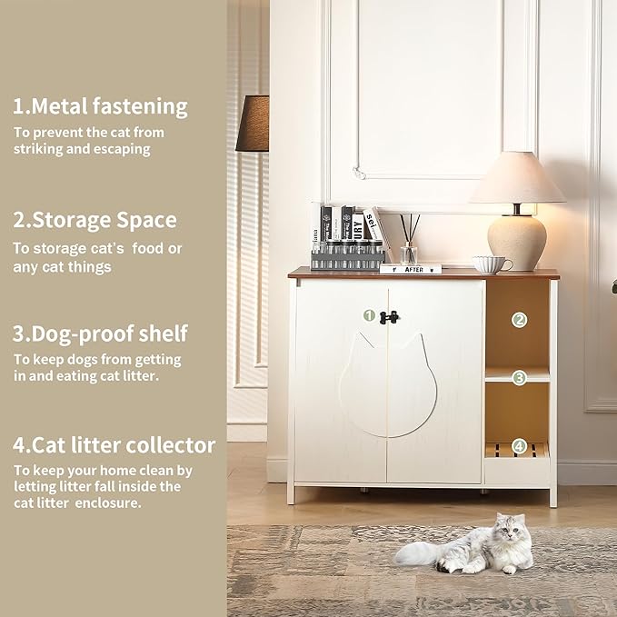 Cat-Faced Doors Litter Enclosure,Automatic Litter Box Enclosure for Cat Robot 3/4,Outlet for Litter Box Cabinet,Litter Collector,Dog-Proof Shelf for Cat Washroom Cabinet,Antique White