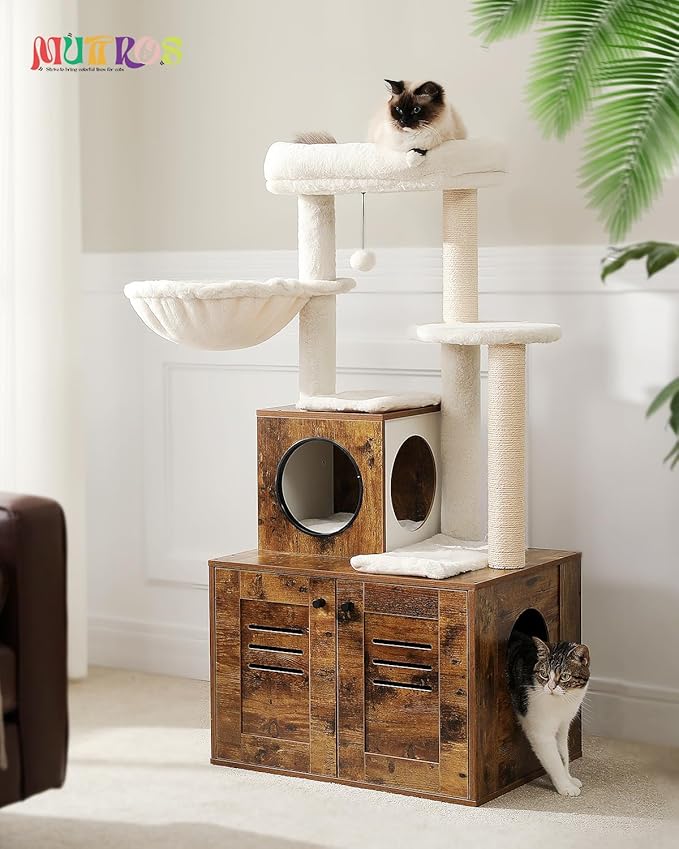 MUTTROS Cat Tree with Litter Box Enclosure, 50" Modern Cat Tree for Large/Fat Cats with Cat Condo, Wooden Cat Furniture with Large Hammock and Top Perch, Rustic Brown