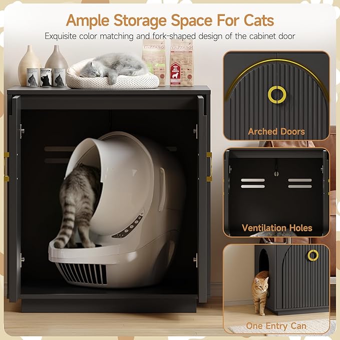 Large Cat Litter Box Enclosure for Self Cleaning Litter Box, 34.84" Tall Litter Boxes Furniture w/Outlets, Modern Cat House, Hidden Cat Litter Furniture for Living Room Black