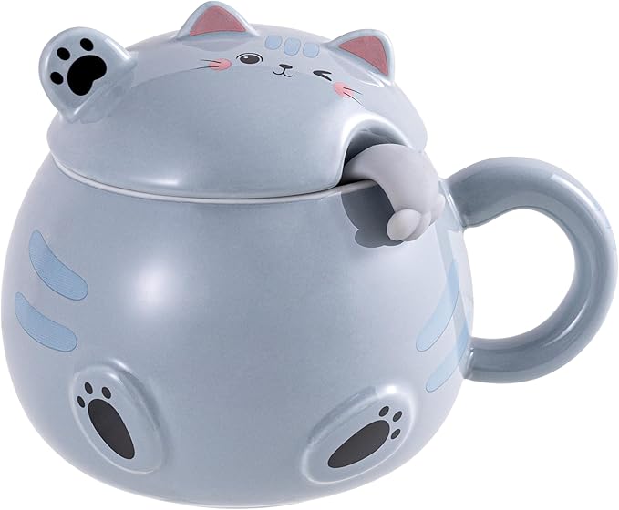 Urban Tokyo Whimsical Cat Mug Adorable Coffee Mug Ceramic Cup Novelty Mug with Lid and Stainless Steel Spoon 15 fl oz Lovely Kitten Neko (Gray)