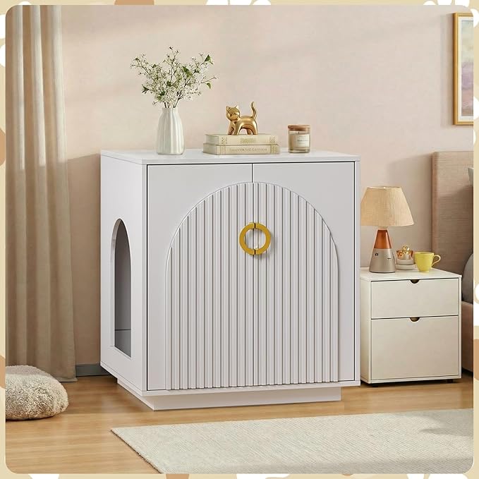 Large Cat Litter Box Enclosure for Self Cleaning Litter Box, 34.84" Tall Litter Boxes Furniture w/Outlets, Modern Cat House, Hidden Cat Litter Furniture for Living Room White