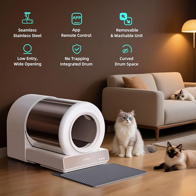 uahpet Stainless Steel Automatic Litter Box, Self Cleaning Cat Litter Box with APP Control, Multi-Cat Recognition, Lower Entry, Multi-Safety Sensors, Easy to Install and Clean