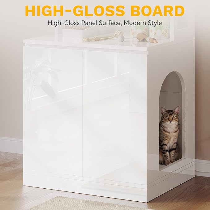 DWVO Large Hidden Litter Box Furniture with Shelves & Charging Station, High-Gloss Modern Cat Litters Box Enclosure for Self-Cleaning Litter Boxes, Wooden Secret Cat Cabinet, White