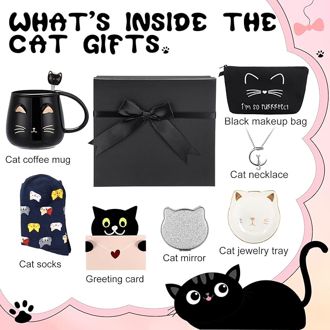 Havawish Cat Lover Gifts for Women Best Cat Mom Gift Basket Set Black Gift Box for Cat Lovers Birthday Mother's Day Cat Themed Gifts for Girl Lady Friend Daughter Sister Wife