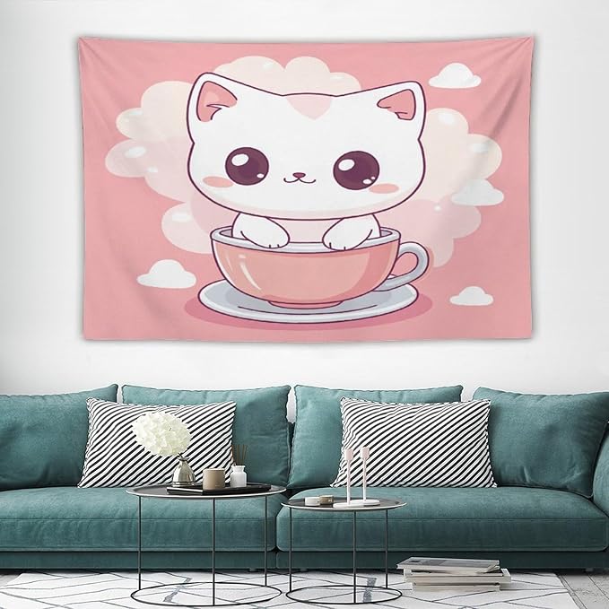 Kawaii Cat Tapestry As Wall Art Cute Kitten Cat Meow Tapestry Aesthetic Landscape Tapestry Wall Decor for Bedroom Living Room Dorm 60"x90" Wall Hanging for Home Decor Bedroom Living Room Dorm Decor