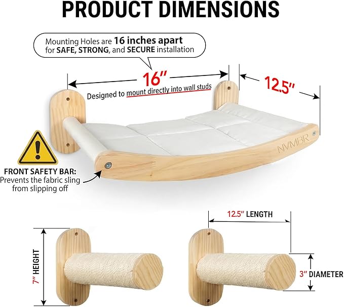 Cat Wall Shelf Bed Hammock with Sisal Stairs Set, Easy Install | 16 inch Stud Design | Holds up to 33 lbs | Indoor Shelf Lounge with Saftety Bar Designed in USA