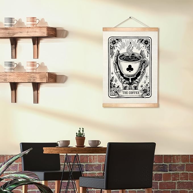 HEYJEEPER Coffee Tarot Card Wall Art ,Gothic Skeleton Hands Holding Cup Prints Linen Poster,Black and White Spiritual Hanging Wall Posters for Coffee Bar,Cafe Shop or Kitchen Home Decor 14x18inch (Coffee03)