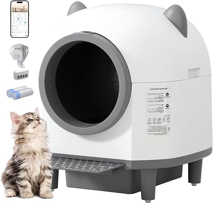 Automatic Cat Litter Box, Self Cleaning Litter Box with APP Control for Multiple Cats, Large Robot Kitty Litter Box with Safety Sensors, Odor Removal, 2 Roll Garbage Bags, 90L Cat Ears Design