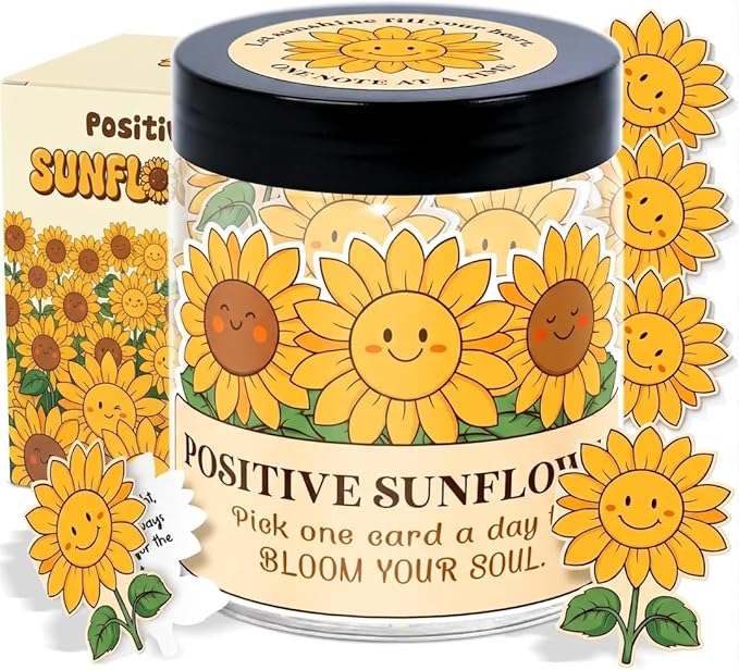 DEARMINE Positive Sunflower Jar with 60 Daily Affirmation Cards, Emotional Support Gift, Sunflower Gifts for Women, Birthday or Get Well Gifts