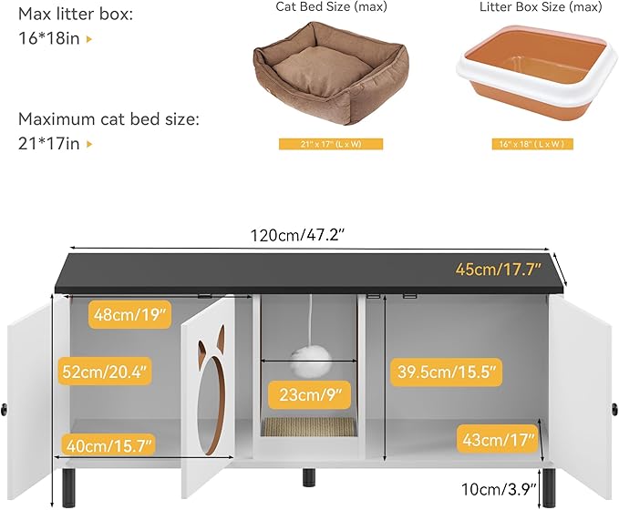 YITAHOME Cat Litter Box Enclosure, 47.2in Litter Box Furniture Hidden, Wooden Washroom Furniture, Hidden Litter Boxes Cover, Cat House Fit Most of Litter Cabinet, End Table, Nightstand, White+Black