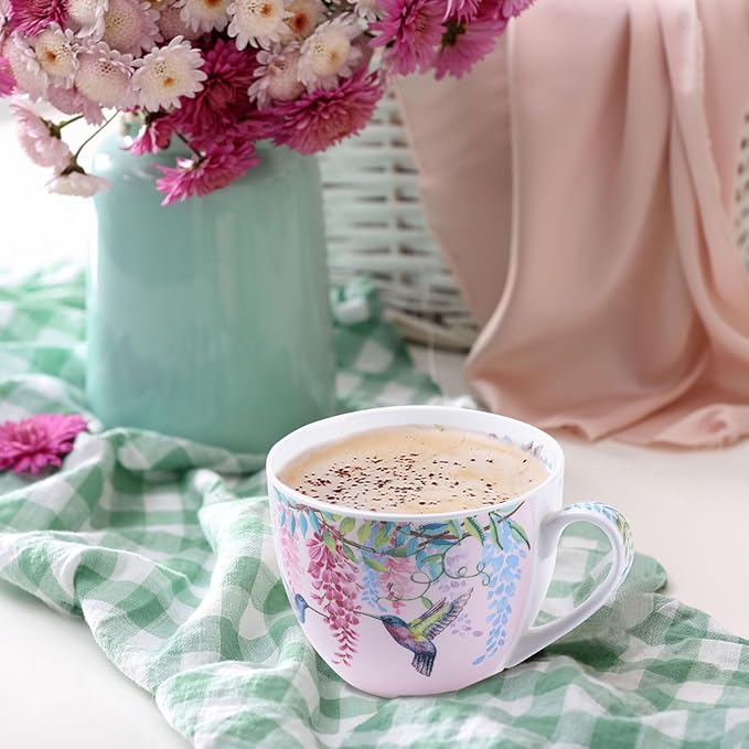 Spring Hummingbird Hug Mug - 20oz Pink Bone China Coffee Tea Mug with Floral Vine & Fluttering Hummingbirds, Thoughtful Gifts for Mom Women Mothers Day, Designed in England by Harvest Green Studio
