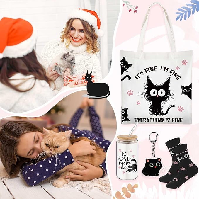 Paterr 4 Pcs Black Cat Gifts for Women Black Cat Lover Gift for Mother's Day Birthday Decorations, with Canvas Tote Bag 16oz Glass Coffee Cup with Straw Socks Cute Keychain
