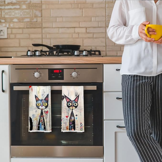Black Cat Kitchen Towels Set - Whimsical Cat Lovers Waffle Decorative Dish Towels, Whimsical Abstract Hand Towel, Black Kitten Tea Towel, 16x24 Inch
