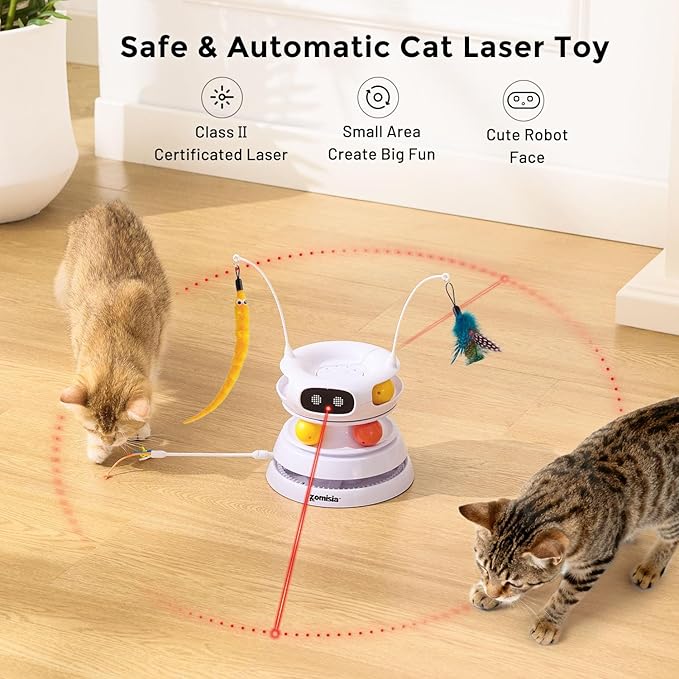 5 in 1 Interactive Cat Toys for Indoor Cats, Hide and Seek Cat Toys with Automatic Laser and Motion Activated, Fluttering Feather & Dual Track Balls with Chirping for All Breeds, Rechargeable