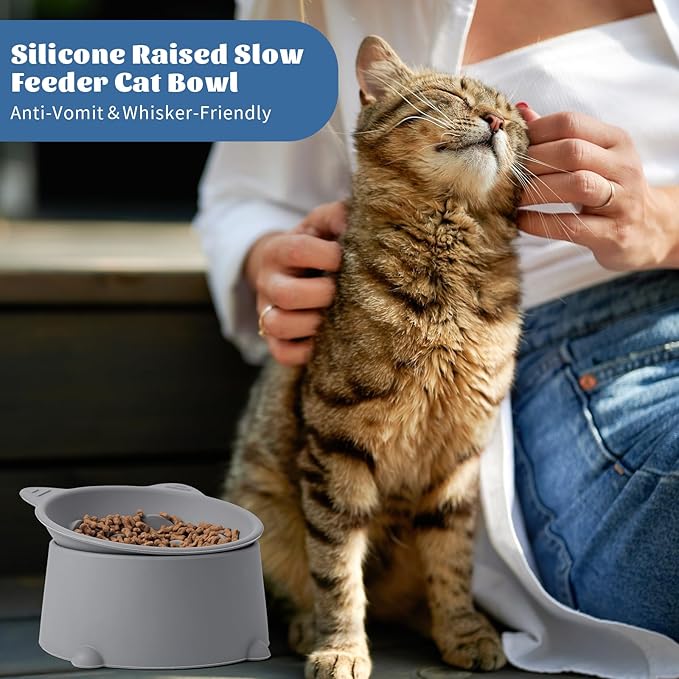 Cat Raised Bowls Silicone, 3 Modes to Adjust Height Elevated Cat Bowl to Protect Puppy,Kitten Spine and Anti Vomit Slow Feeder with 10° Tilted Detachable Dish for Pet Dry,Wet Food