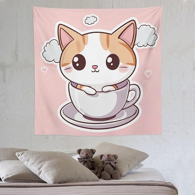 MaSiledy Kawaii Cat Wall Tapestries Animal Adorable Cat Tapestries for Bedroom Aesthetic Landscape Tapestry Wall Decor for Bedroom Living Room Dorm 60"x60" Tapestries for Bedroom Living Room Dorm