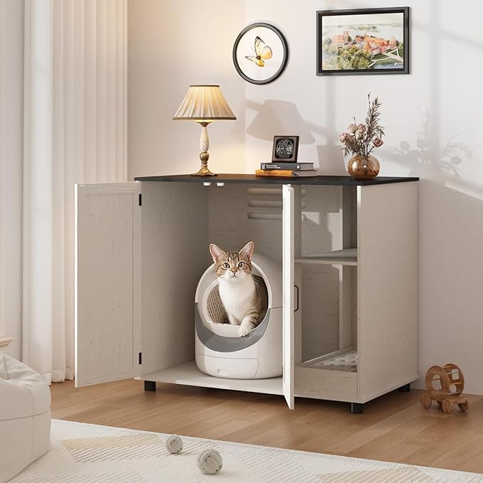 Large Litter Box Enclosure with Litter Collector & Dog-Proof Shelf, Hidden Litter Box Furniture for Self Cleaning Litter Box, Wodden Litter Box Cabinet, Cat Box Enclosure, Side Table, White