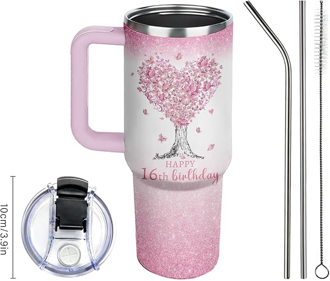 Gifts for 16 Year Old Girl - 16th Birthday Tumbler 40 oz with Straw, Pink Insulated Cup - Cool Birthday Present for Teen Girls, Daughter, Sweet 16 Gift
