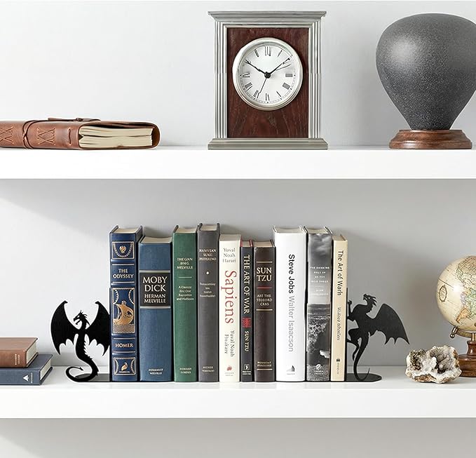 Dragon Bookends Decorative Metal Book Ends for Shelves, Unique Office Desk Bookends Cute Stoppers Reading, Bookshelf Decor for Office School Bedroom Gift for Dragon Lovers and Reading Enthusiasts