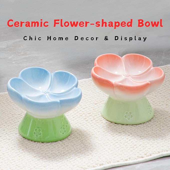 Ceramic Cat Divided Bowl Flower Shaped (5 Sections) - 4 Inch Elevated Design Cute Slow Feeder Bowl, Heavy Base, Under-Glazed Gradient Color - Separates Dry/Wet Food, Veggies, Fruits & Treats