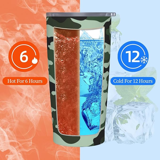 Camo Tumbler 20oz Camo Stainless Steel Insulated Tumblers with Lid and Straw Green Travel Coffee Mug Tea Wine Cups Water Bottle Holiday Gifts for Women