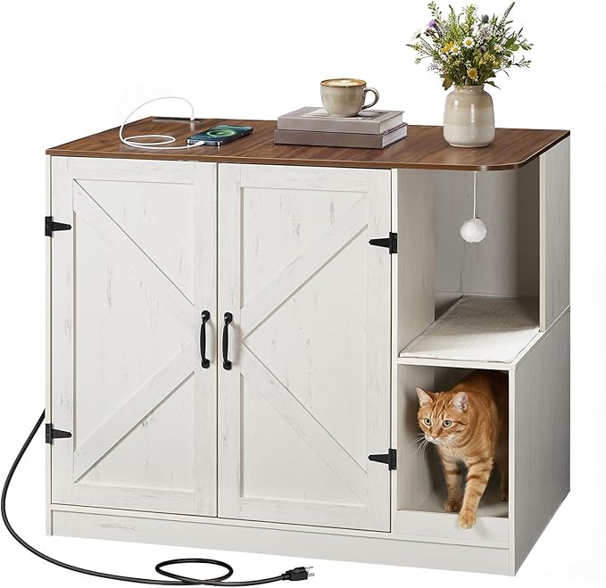HOOBRO Farmhouse Cat Litter Box Enclosure, Automatic Cat Litter Box Cabinet with Charging Station, Hidden Cat Furniture with Hanging Ball & Sisal Mat, Tabletop & Hook, White and Walnut WH88UMW01