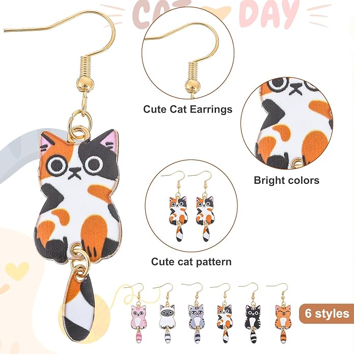 Nogeqi 6 Pairs Funny Cat Earrings for Women, Kawaii Cartoon Alloy Cute Drop Dangle Kitty Cat Earrings, Aesthetic Birthday Party Kitten Jewelry Gifts for Cats Lovers