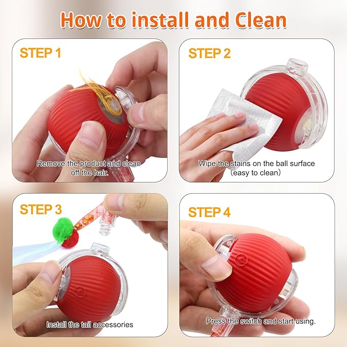 Interactive Cat Toys for Indoor Cats, Speedy 2.0 Cat Toy with Elastic Mesh Tail, Automatic Cat Toy for Bored Indoor Adult Cats, Rechargeable Smart Kitten Moving Ball Toys (Red)
