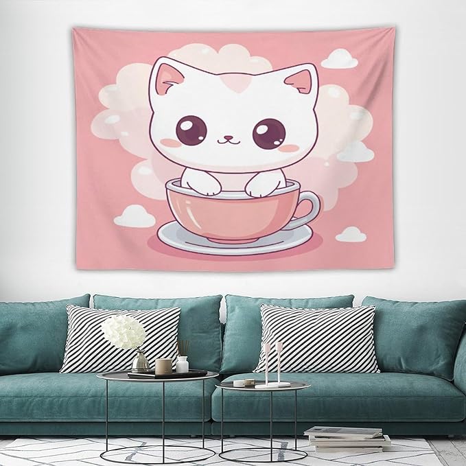 Tapestry Kawaii Cat Aesthetic Bedroom Tapestries Cat Lover Gifts Tapestry Wall Hanging Wall Hanging for Dorm Living Room Landscape 60"x80" Wall Hanging for Home Decor Bedroom Living Room Dorm Decor
