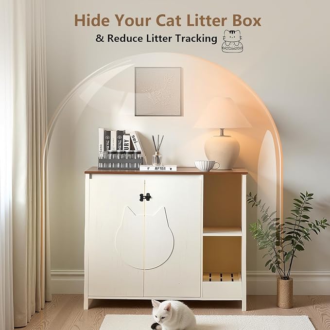 Cat-Faced Litter Enclosure for Placing Cat Robot 3/4, Power Outlet for More Choices, Litter Collector and Dog-Proof Adjustable Shelf (Antique White)