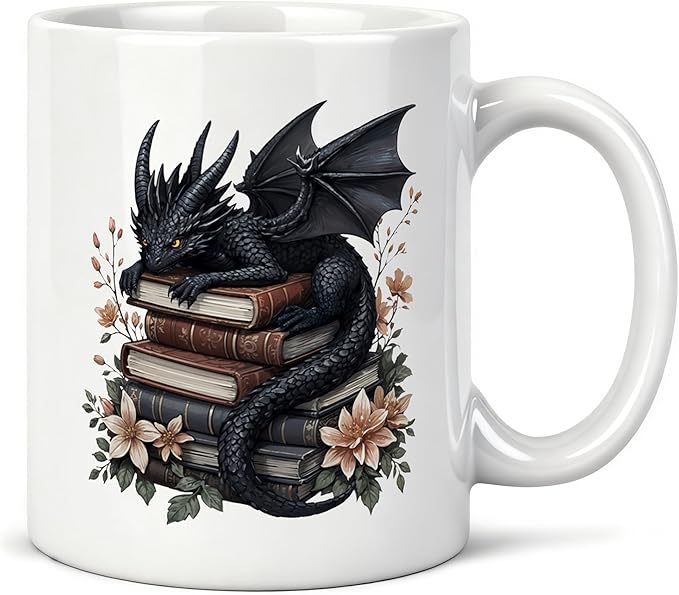Book Lover Mug 11 oz, Book Lover Gifts for Women, Bookish Reader Bookworm Gifts Coffee Cups Ceramic, Black Floral Dragon Ceramic Mug for Coffee Tea Hot Cocoa Home Office Work