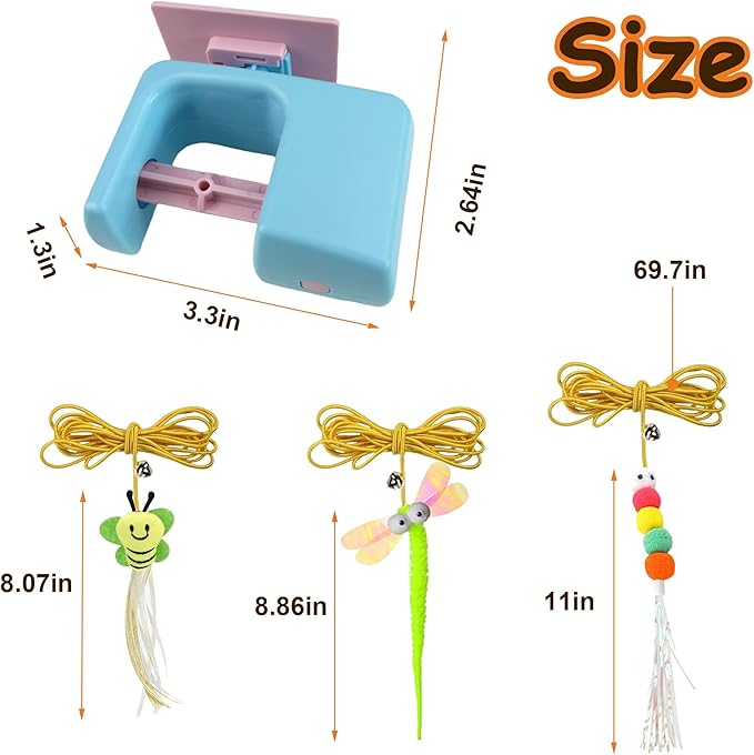 Automatic Hanging Cat Toy for Indoor Cats, Electric Doorway Cat Teaser with Motion Sensor, Quiet Motor & Retractable Rope, Includes 3 Replaceable Feather Attachments, USB Rechargeable, Blue