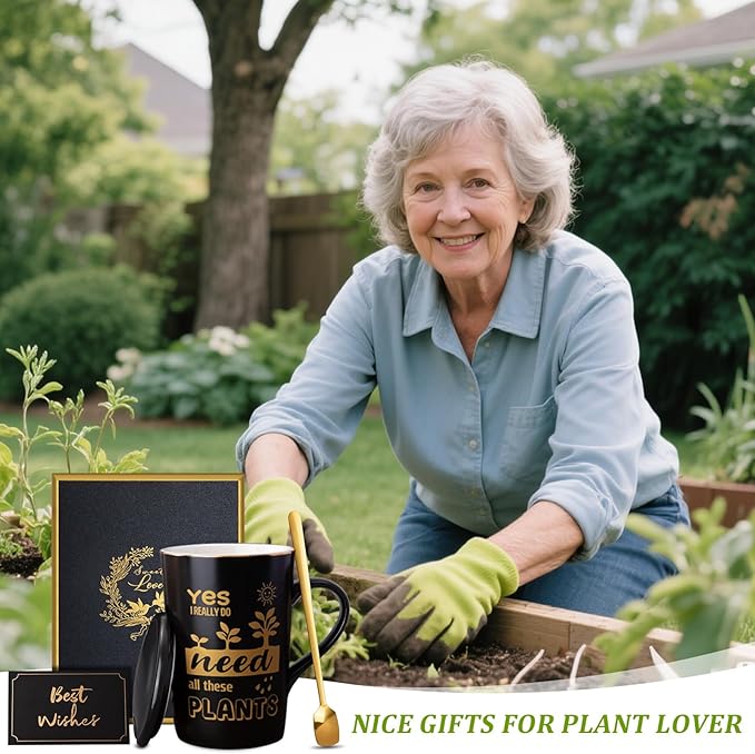 Gardening Gifts for Women Men - Cool Plant Lover Gift Coffee Mug, Garden Gifts for Gardeners, Plant Lady, Mom, Dad, Son, 14oz Black Ceramic Mug with Gold Print, Lid, Spoon Card, Luxury Gift Boxed