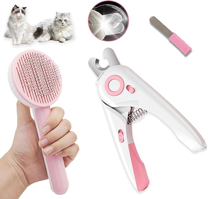 Self Cleaning Cat Brush for Shedding, LED Light Nail Clipper, Nail Clipper and Nail File, Slicker Brushes and Nail Trimmer for Long Haired Cats, Grooming Kit, Cat Lover Gifts